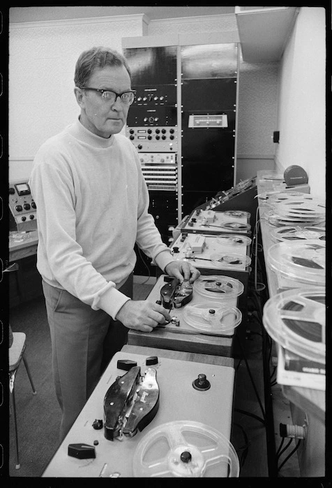 Composer Douglas Lilburn in the electronic music studio at Victoria University, Wellington