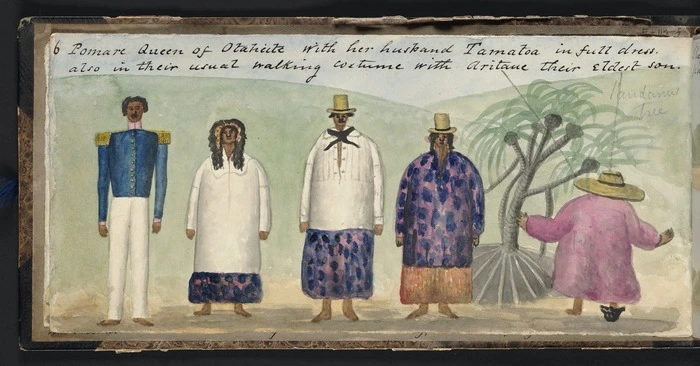 Pomare Queen of Otaheite with her husband Tamatoa in full dress, also in their usual walking costume with Aritaue their eldest son