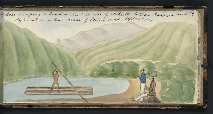 Mode of crossing a river on the East Side of Otaheite between Haapapa and Papinow on a raft made of Poirou wood