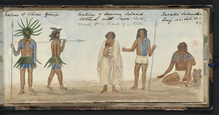 Natives of Ellices Group. Natives of Aurora Island clothed in tapa. Raraka Islander.