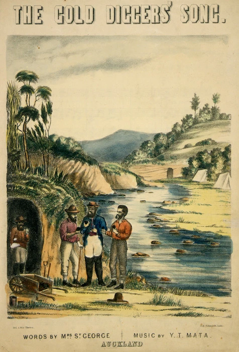 Theton, I. Wai [I weigh the ton, pseudonym] :[Three gold miners standing by a stream, ca 1868]. Del I. Wai Theton, J. D. Schmidt litho. Auckland. [1868?]