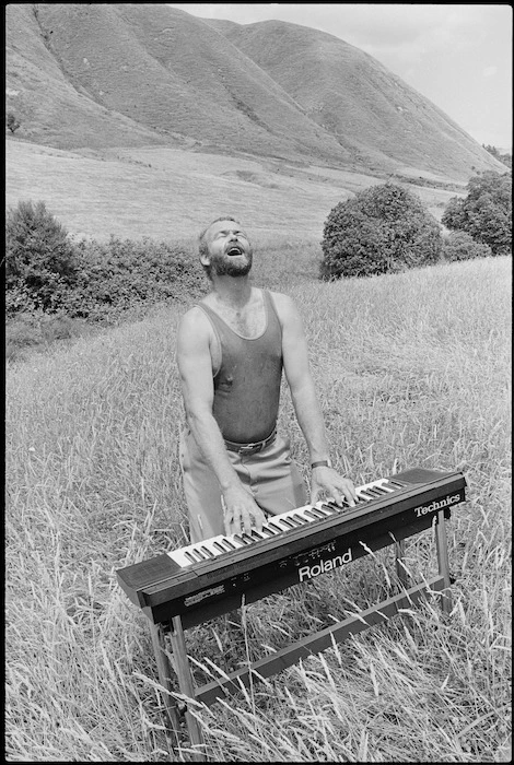 David Hadfield, farmer and songwriter, with keyboards at farm