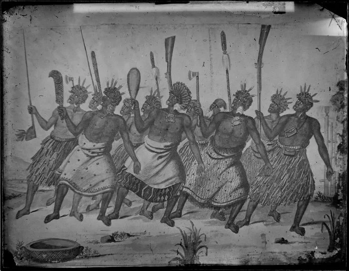 Watercolour created circa 1850s, by unidentified artist, depicting Maori haka