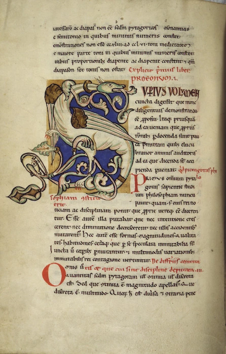 Text and decorated initial - Winged dragon in the shape of an "S"