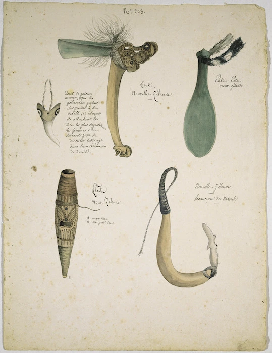Chazal, Antoine, 1793-1854 :Nouvelle-Zelande. No 203. Toki. Patou-patou. Dent de poisson marin que les zelandais portent suspendue a leur oreille ... Flute. Hamecon des naturels. [1825 or 1826]
