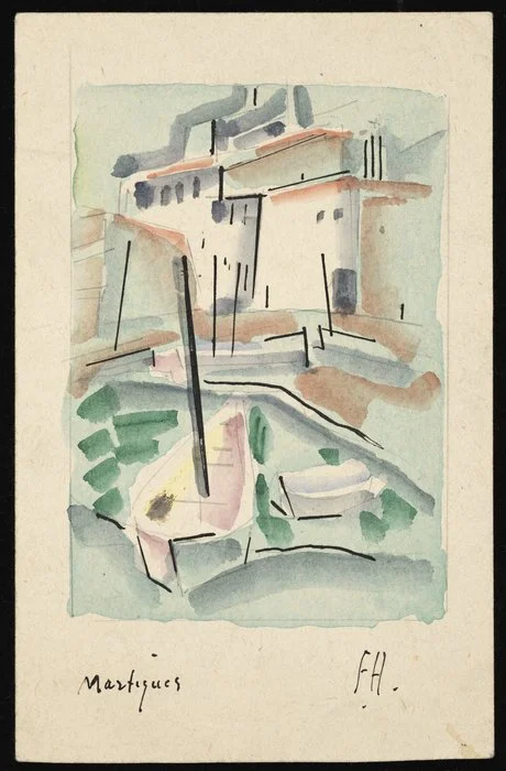 Hodgkins, Frances Mary, 1869-1947 :Martigues. 6 February 1928 [Handpainted postcard]