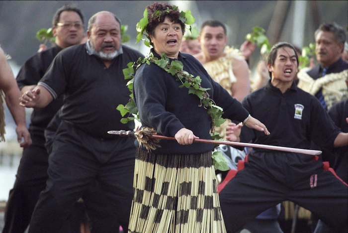 Maori performance at the powhiri for Vietnam veterans, Taranaki Street Wharf, Wellington, part of Parade '98 - Photographs taken by John Nicholson