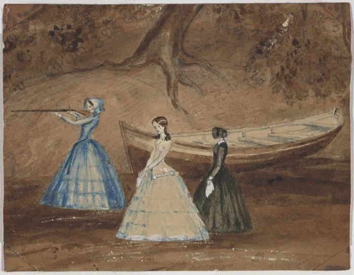 Heaphy, Charles, 1820-1881 :[Shooting party], Mansion House, Kawau [Island] 1853.