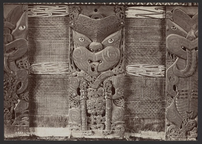 Maori carvings and tukutuku panels at Tamatekapua meeting house in Ohinemutu
