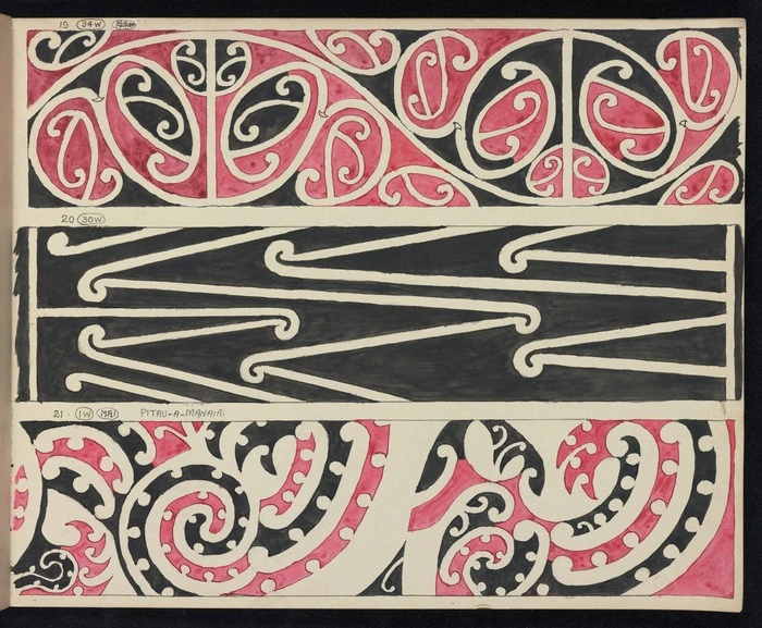 Godber, Albert Percy, 1876-1949 :[Drawings of Maori rafter patterns]. 19. 34W; 20. 30W; and, 21. 1W. MA1. "Pitau-a-Manaia". [1939-1947].