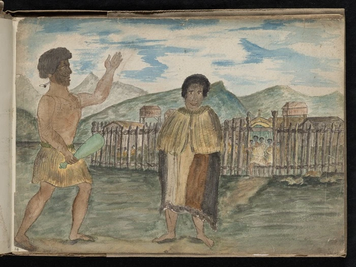 Artist unknown :[Album of watercolours. Two Maori men standing outside a pa ... one holding greenstone patu. ca 1860]